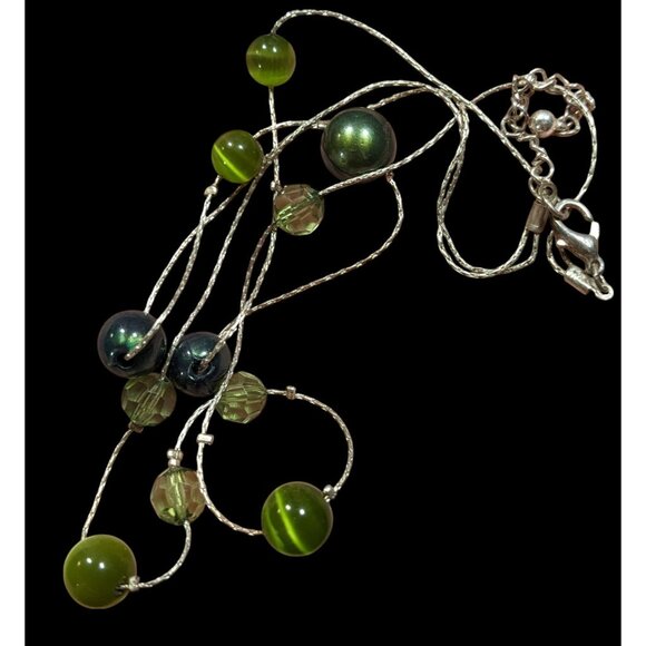 Whimsical Layered Green And Silver Tone Station Necklace - Picture 6 of 6